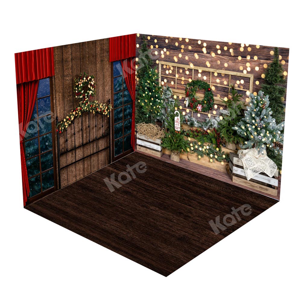 Kate Christmas Tree Headboard Bokeh Window Wooden Room Set(8ftx8ft&10ftx8ft&8ftx10ft)