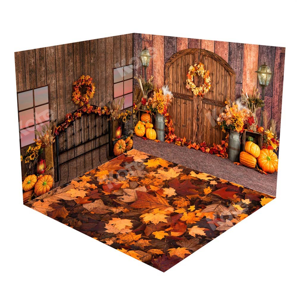 Kate Autumn Headboard Fallen Leaves Pumpkin Window Barn Door Room Set(8ftx8ft&10ftx8ft&8ftx10ft) - Kate Backdrop AU