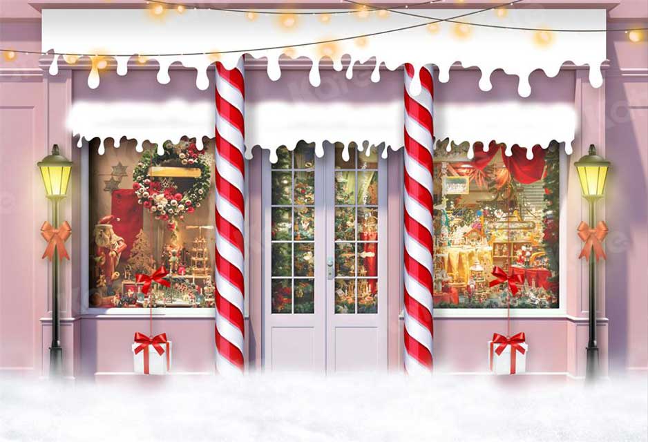 Kate Christmas Candy Backdrop Pink Toy Store Downtown for Photography - Kate Backdrop AU