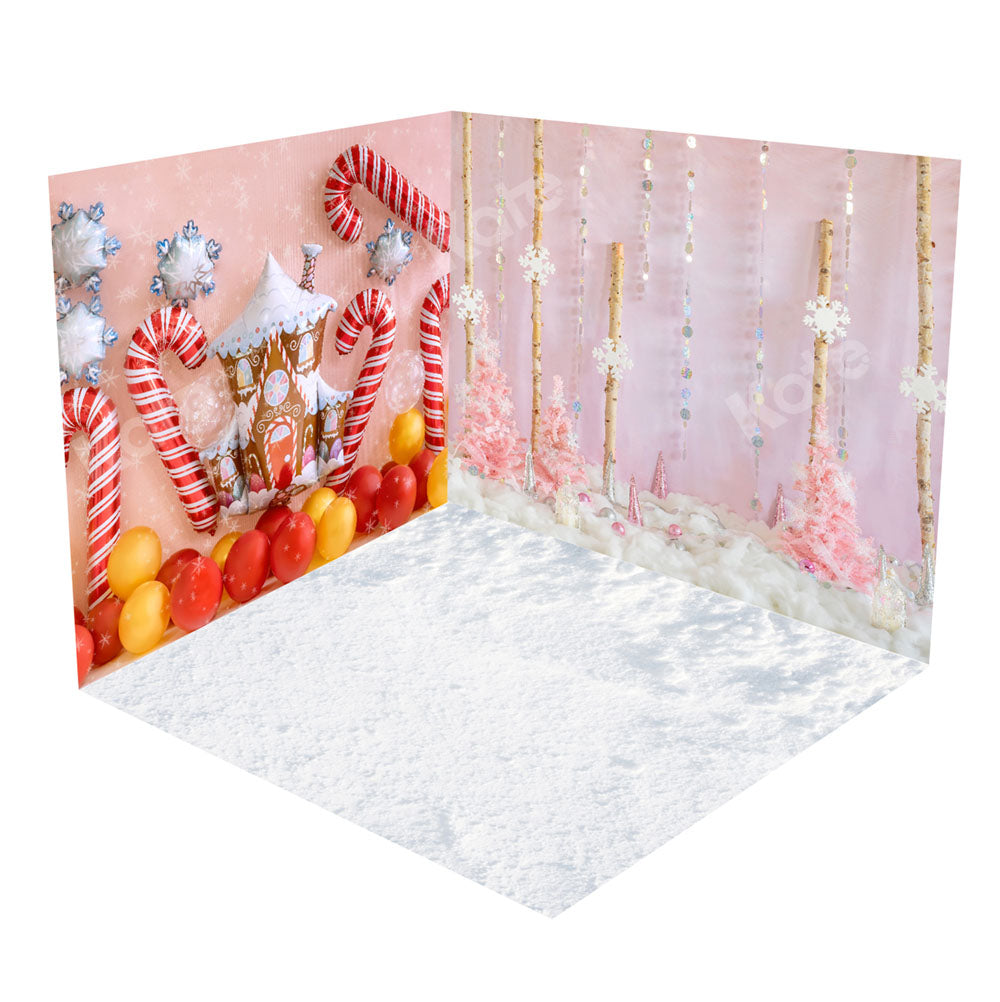 Kate Christmas Pink Snowflake Gingerbread House Balloon Room Set(8ftx8ft&10ftx8ft&8ftx10ft)