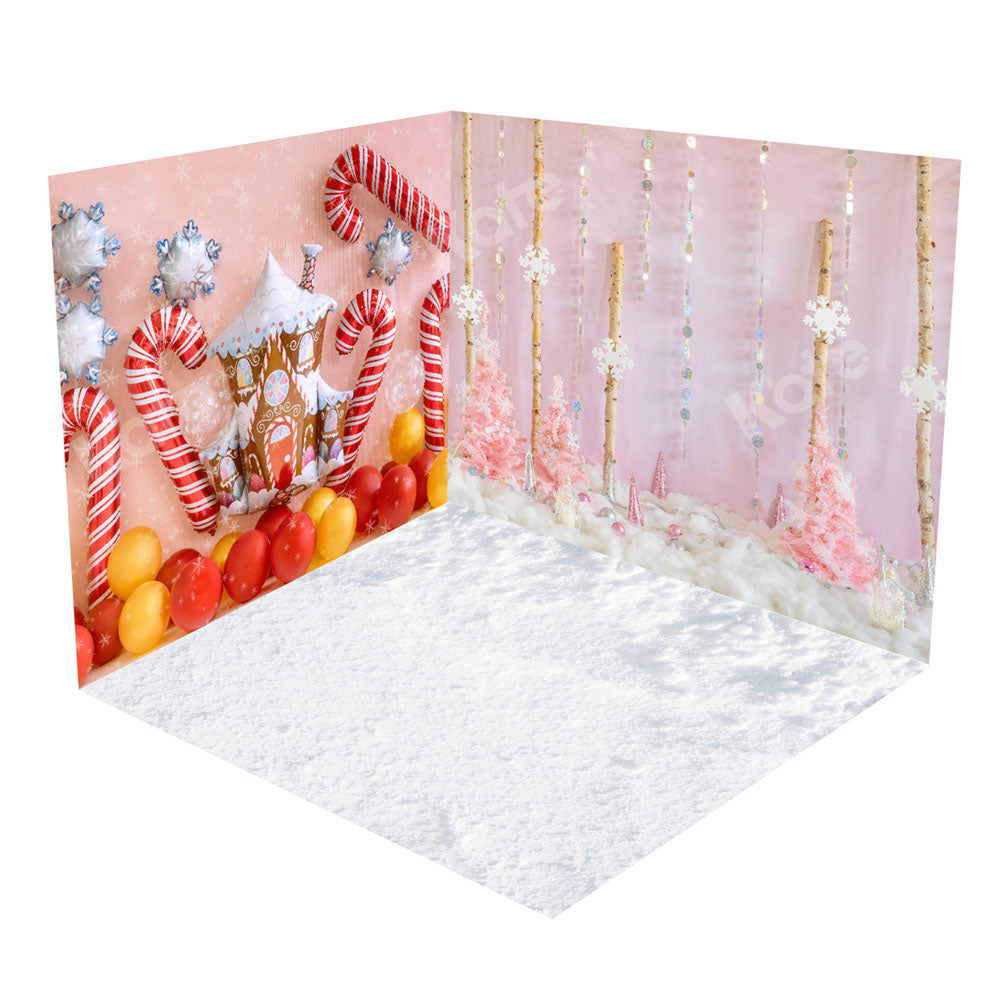 Kate Christmas Pink Snowflake Gingerbread House Balloon Room Set(8ftx8ft&10ftx8ft&8ftx10ft) - Kate Backdrop AU