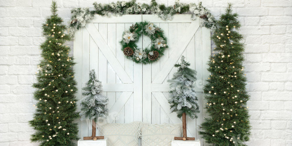 Kate Christmas Tree Backdrop Barn Door Snow Designed by Emetselch - Kate Backdrop AU