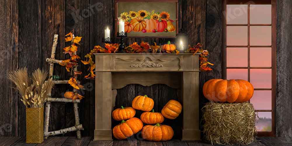 Kate Fall Pumpkin Backdrop Wood Grain Fireplace Designed by Emetselch