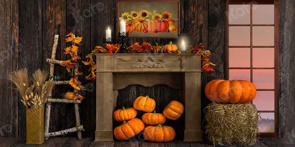Kate Fall Pumpkin Backdrop Wood Grain Fireplace Designed by Emetselch - Kate Backdrop AU