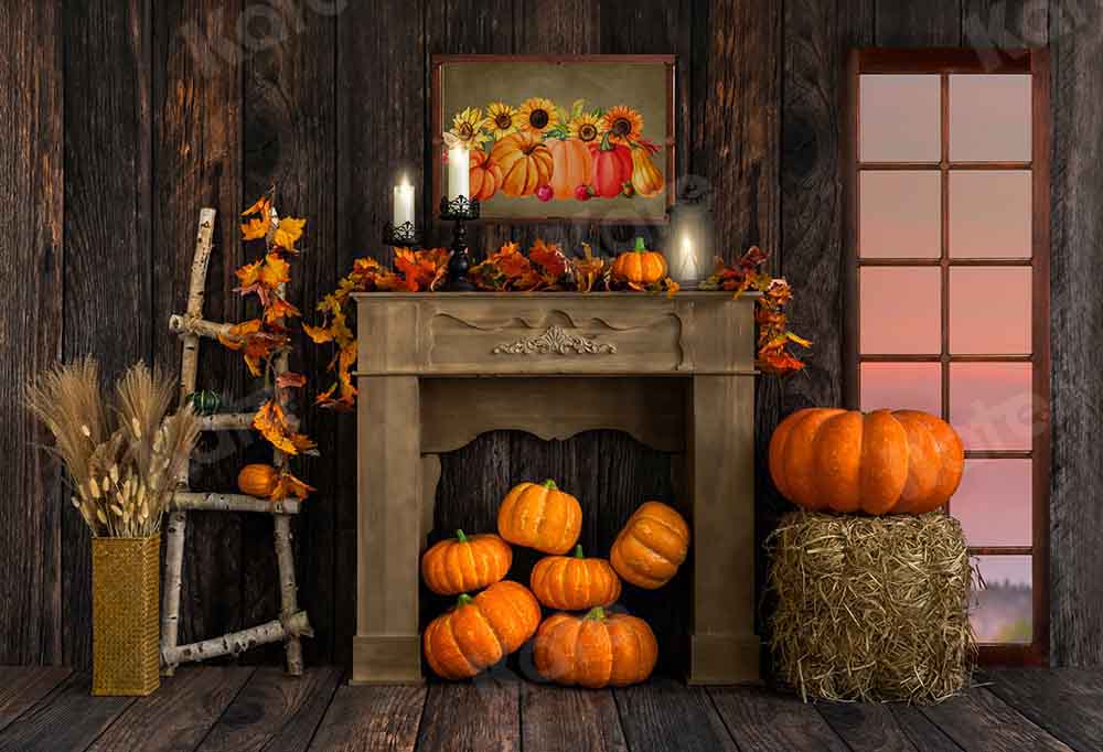 Kate Fall Pumpkin Backdrop Wood Grain Fireplace Designed by Emetselch - Kate Backdrop AU