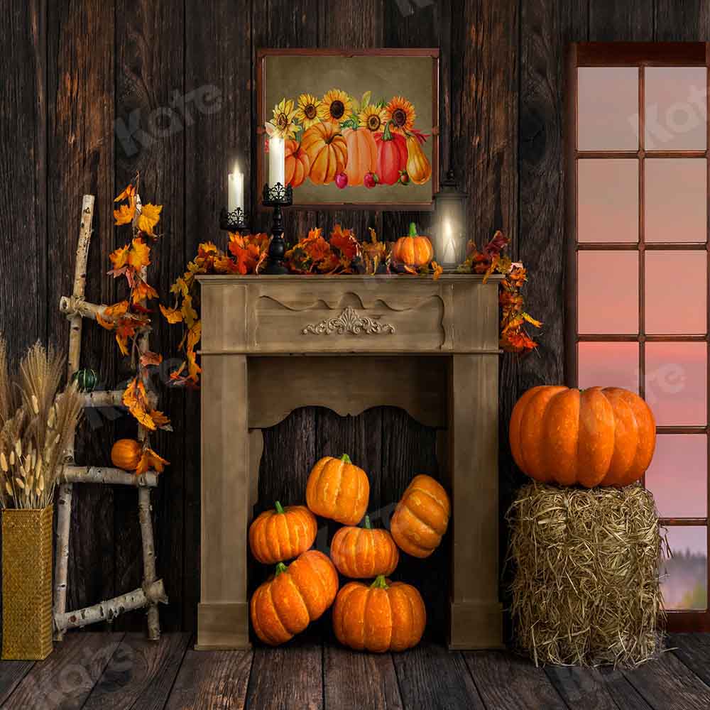 Kate Fall Pumpkin Backdrop Wood Grain Fireplace Designed by Emetselch - Kate Backdrop AU