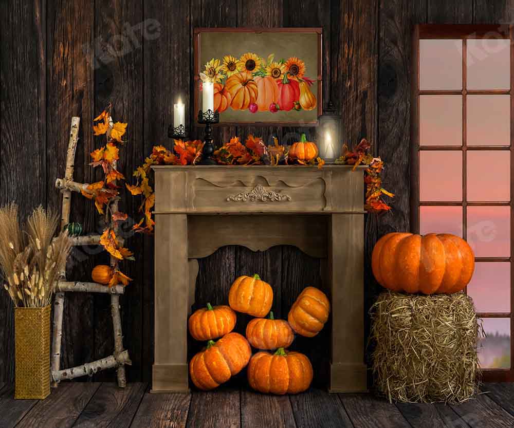 Kate Fall Pumpkin Backdrop Wood Grain Fireplace Designed by Emetselch - Kate Backdrop AU