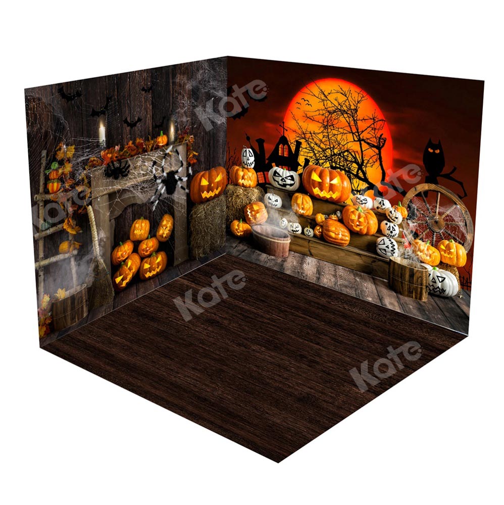 Kate Halloween Pumpkin Spider Web Moon Room Set(8ftx8ft&10ftx8ft&8ftx10ft) - Kate Backdrop AU