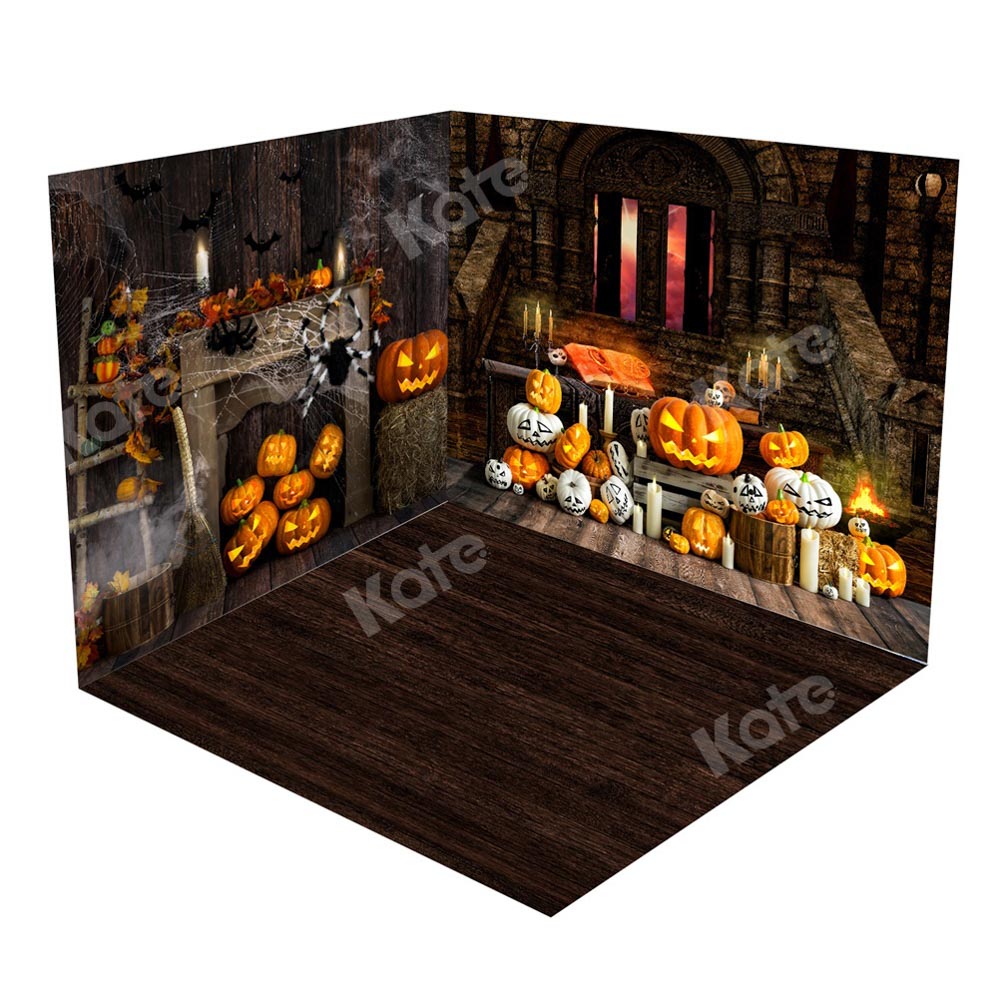 Kate Halloween Pumpkin Fireplace Spider Web Candle Wood Grain Room Set(8ftx8ft&10ftx8ft&8ftx10ft) - Kate Backdrop AU