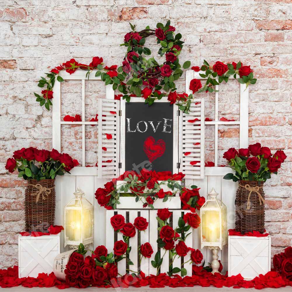 Kate Valentine's Day Rose Backdrop Wooden Door Brick Wall Designed by Emetselch