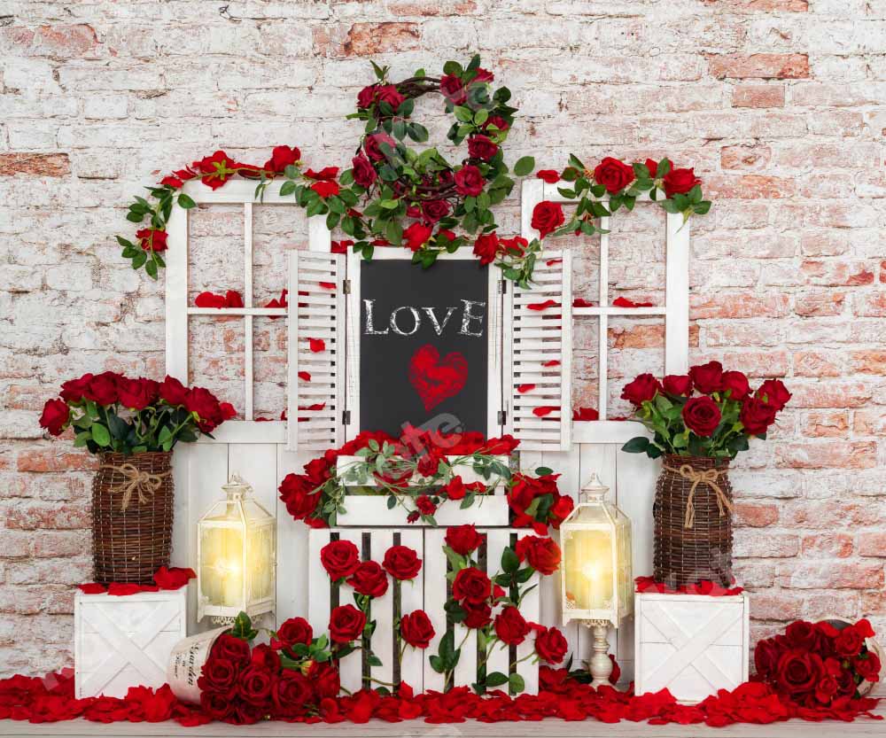 Kate Valentine's Day Rose Backdrop Wooden Door Brick Wall Designed by Emetselch