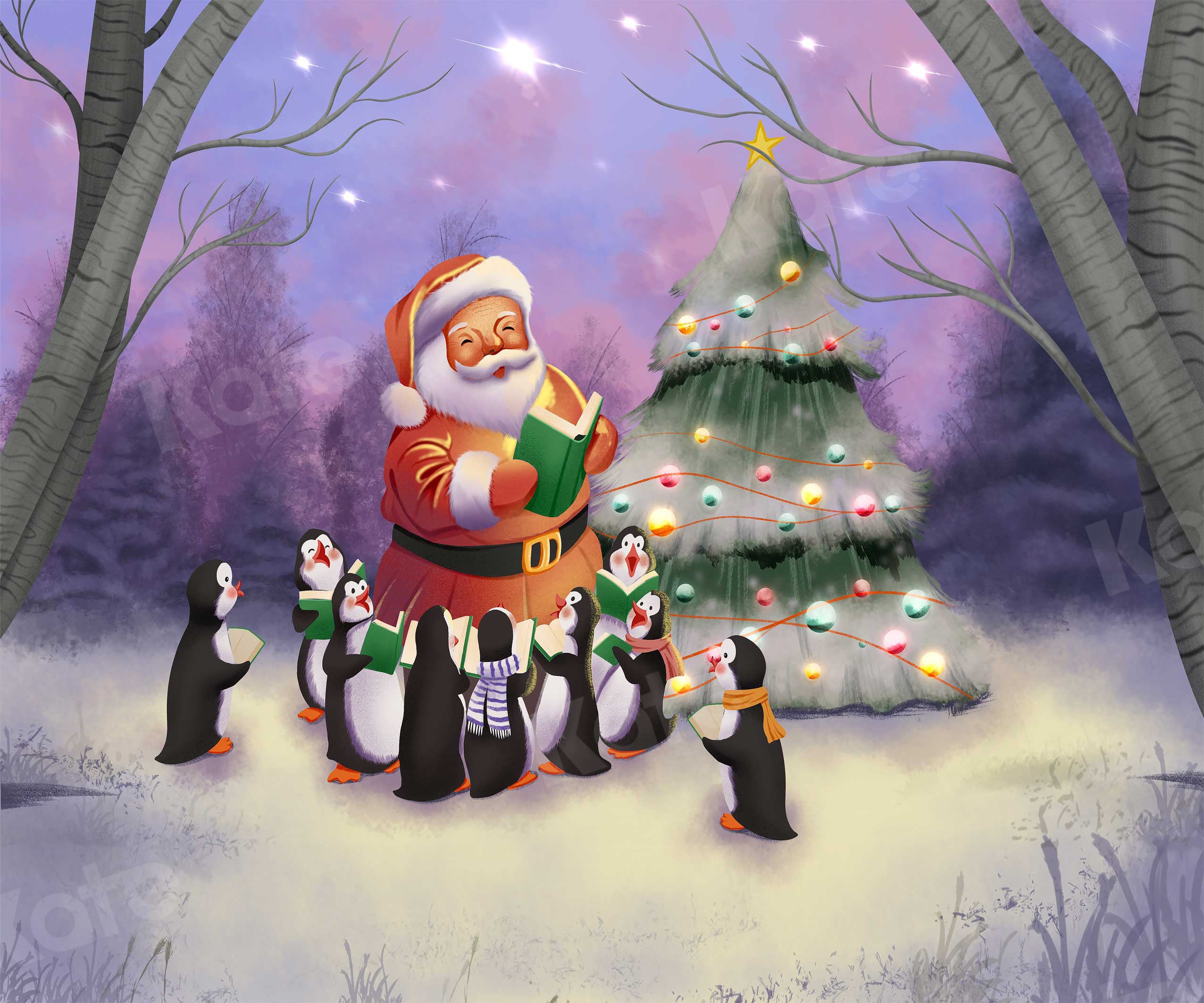 Kate Christmas Penguin Backdrop Outdoor Tree for Photography - Kate Backdrop AU