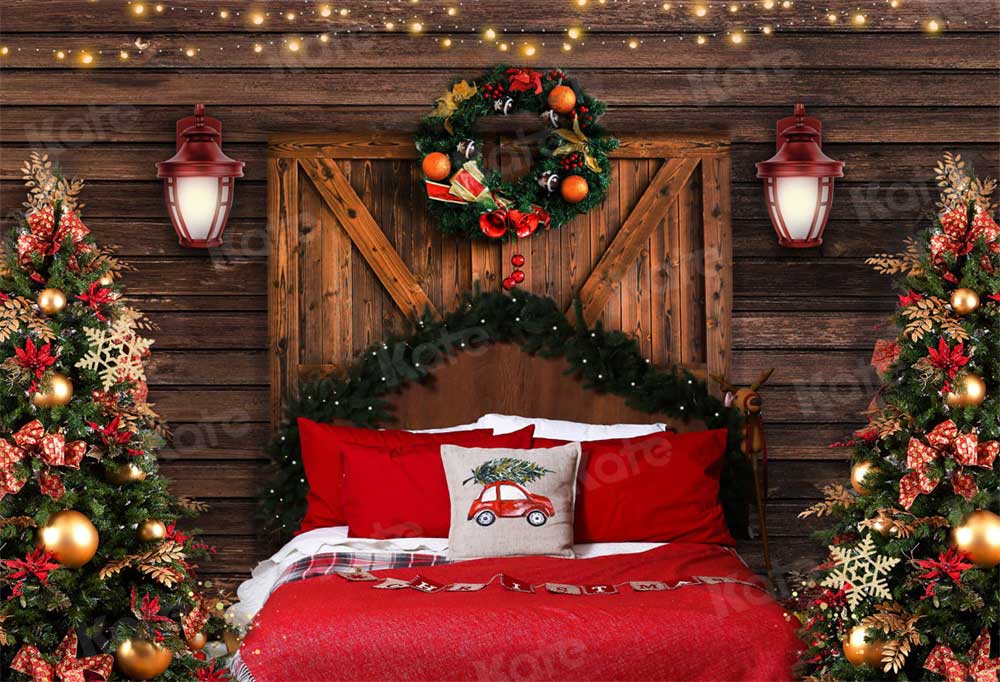 Kate Chalet Christmas Backdrop Barn Door Bed Red Pillow for Photography - Kate Backdrop AU