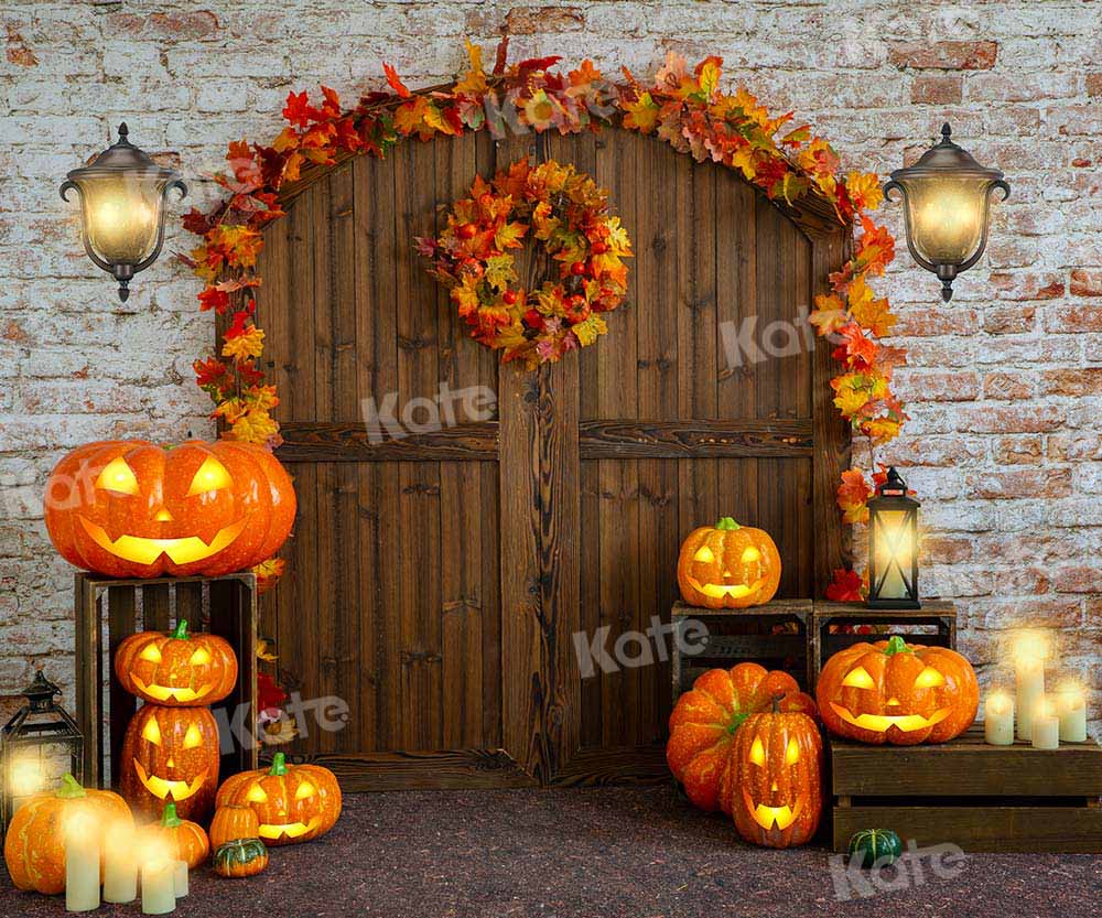 Kate Halloween Barn Door Backdrop Leaves Pumpkin Designed by Emetselch