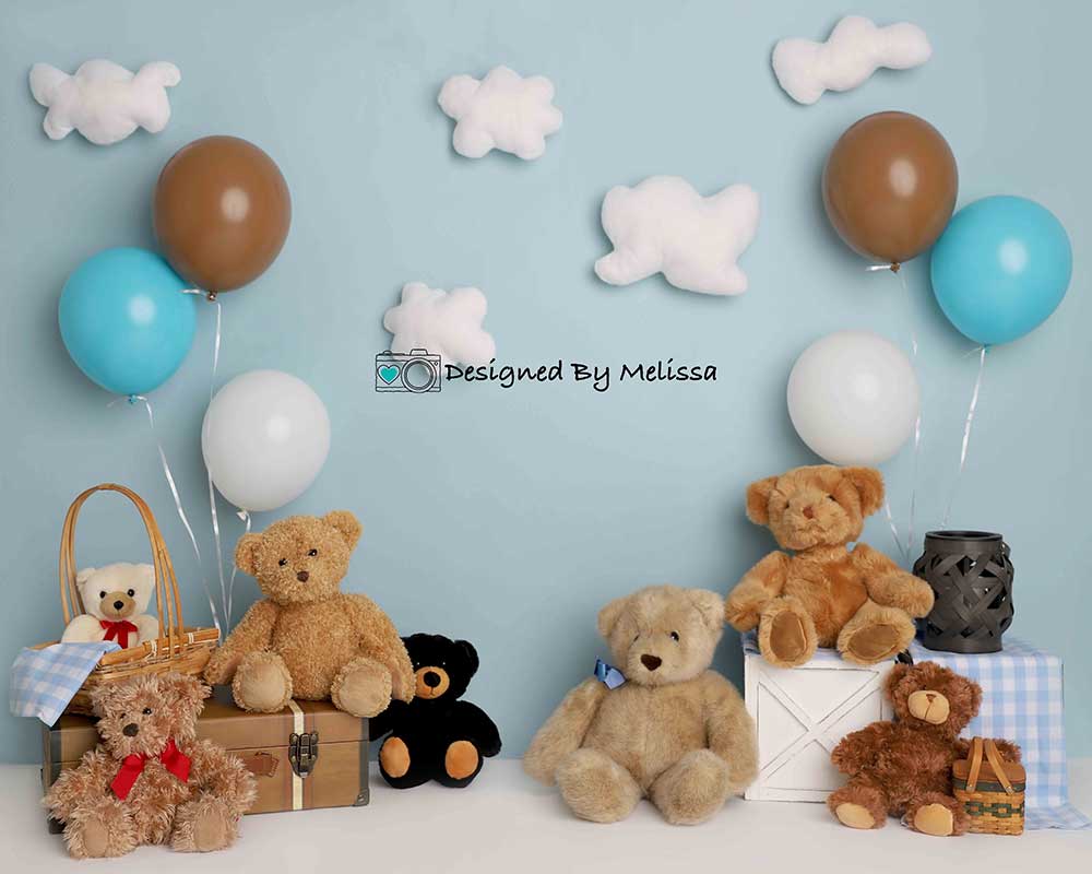 Kate Blue Teddy Bear Backdrop Birthday Picnic Designed by Melissa King - Kate Backdrop AU
