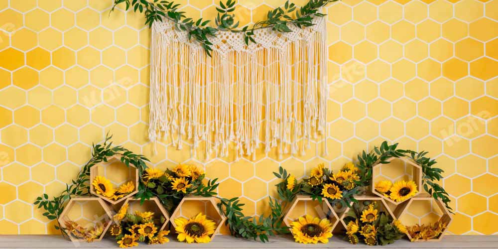 Kate Honeycomb Backdrop Yellow Boho Sunflower Cake Smash Designed by Emetselch - Kate Backdrop AU