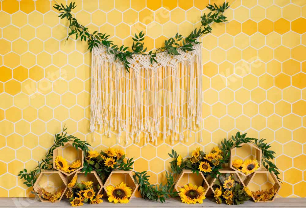 Kate Honeycomb Backdrop Yellow Boho Sunflower Cake Smash Designed by Emetselch - Kate Backdrop AU