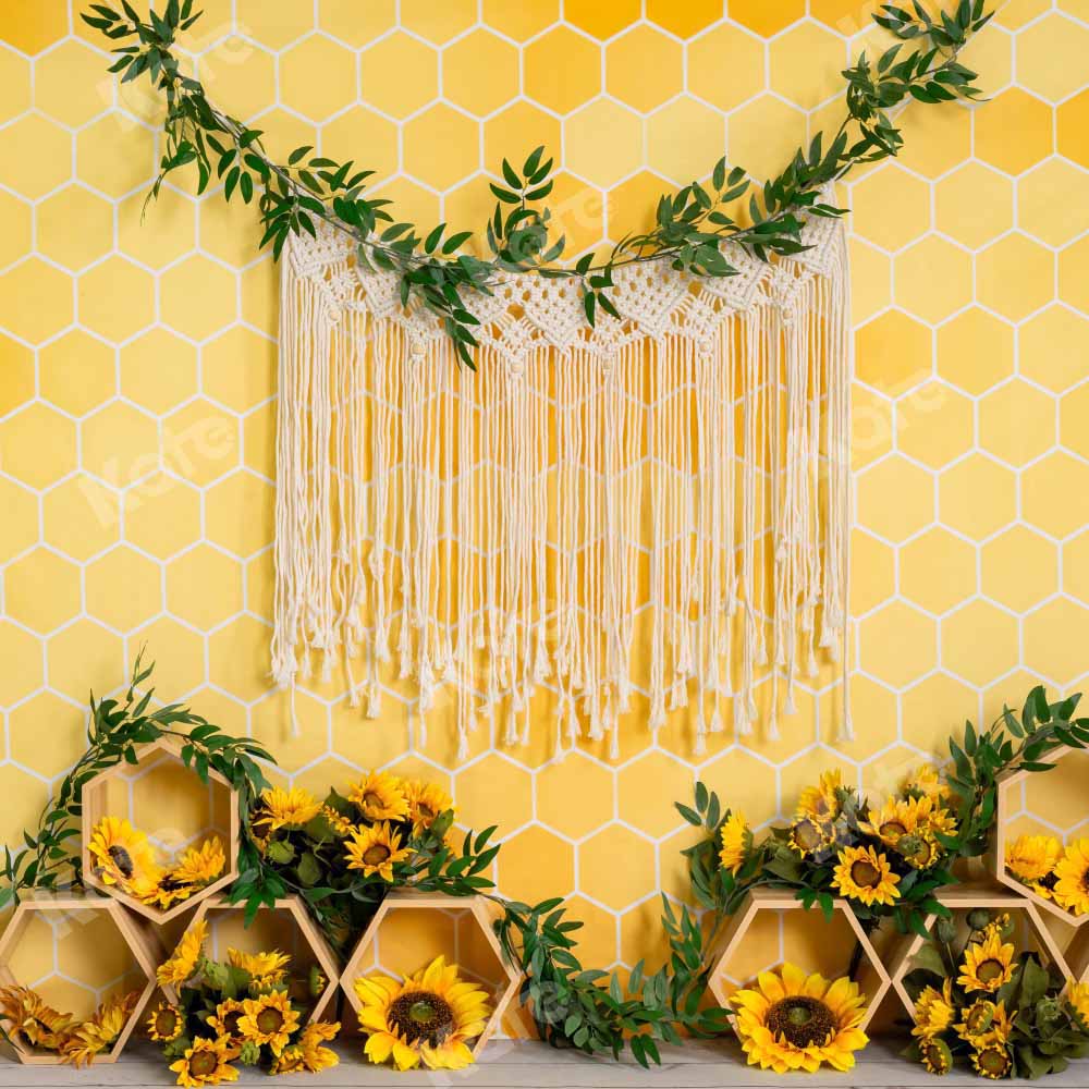 Kate Honeycomb Backdrop Yellow Boho Sunflower Cake Smash Designed by Emetselch - Kate Backdrop AU