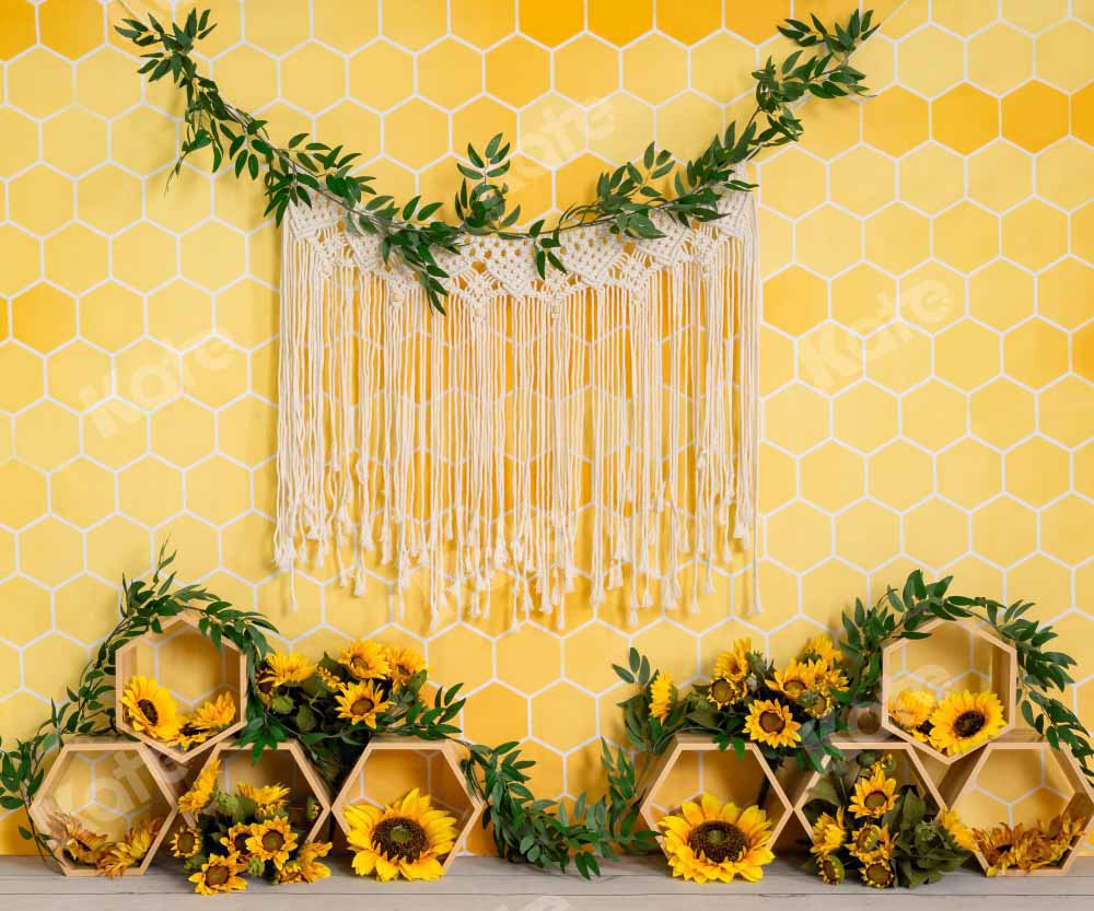 Kate Honeycomb Backdrop Yellow Boho Sunflower Cake Smash Designed by Emetselch - Kate Backdrop AU