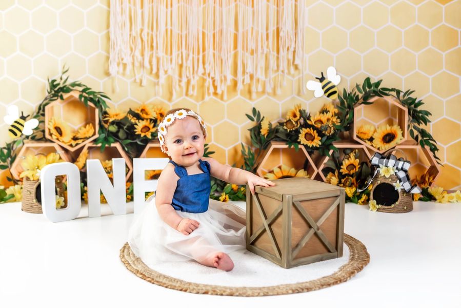 Kate Honeycomb Backdrop Yellow Boho Sunflower Cake Smash Designed by Emetselch - Kate Backdrop AU