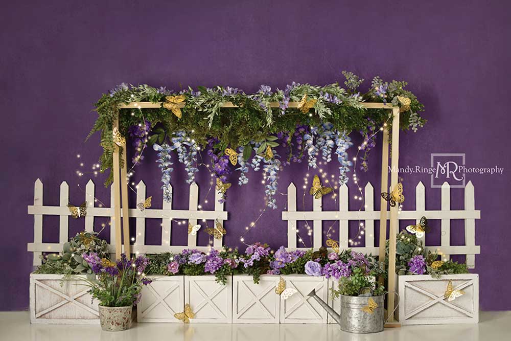 Kate Purple Gold Butterflies Backdrop Fence Designed by Mandy Ringe Photography - Kate Backdrop AU
