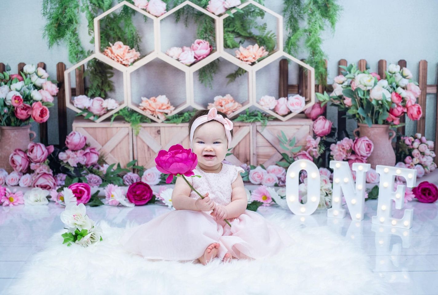 Kate Spring Cake Smash Backdrop Floral Honeycomb Designed by Emetselch - Kate Backdrop AU