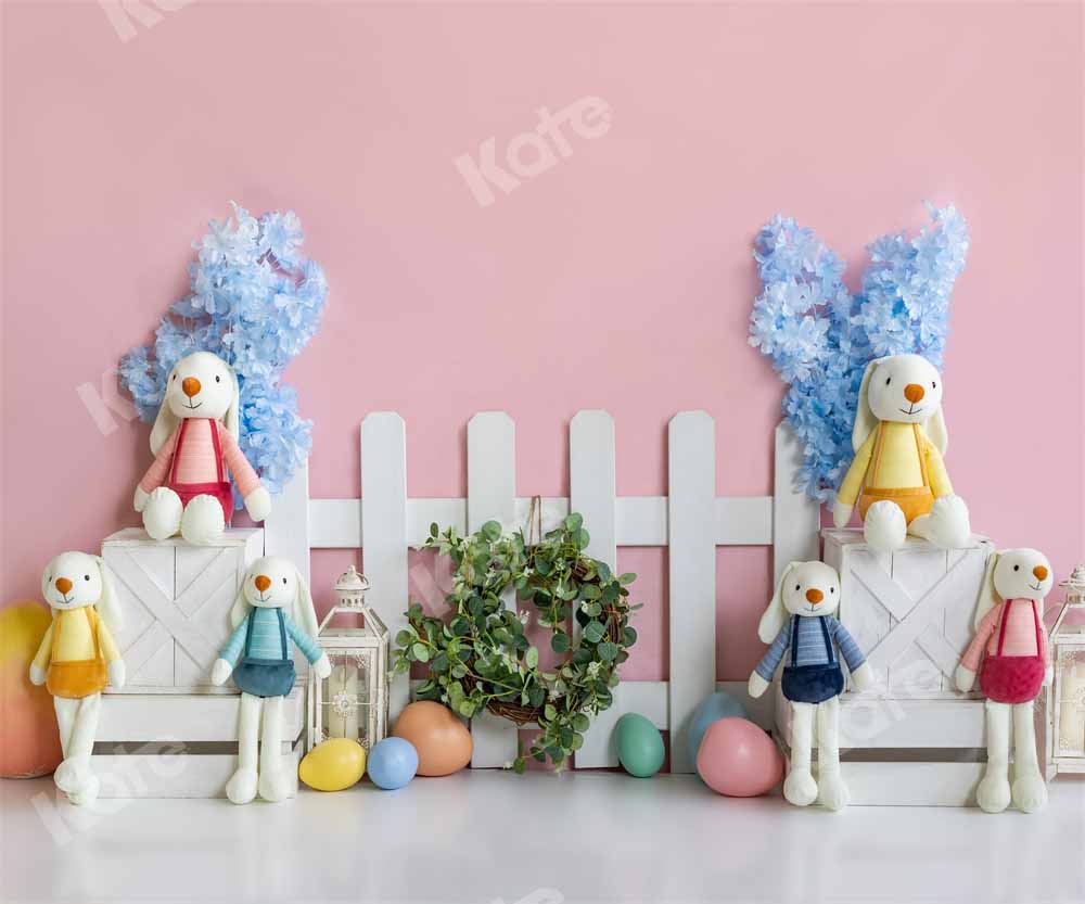 Kate Spring Easter Bunny Backdrop Fence Pink Designed by Emetselch