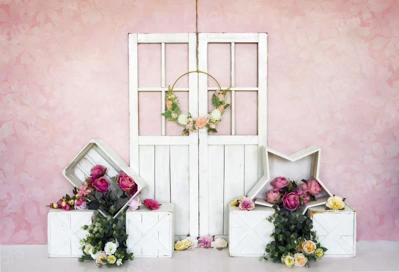 Kate Pink Spring Backdrop Barn Door Flowers for Photography