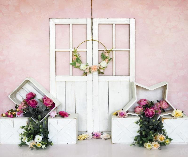 Kate Pink Spring Backdrop Barn Door Flowers for Photography