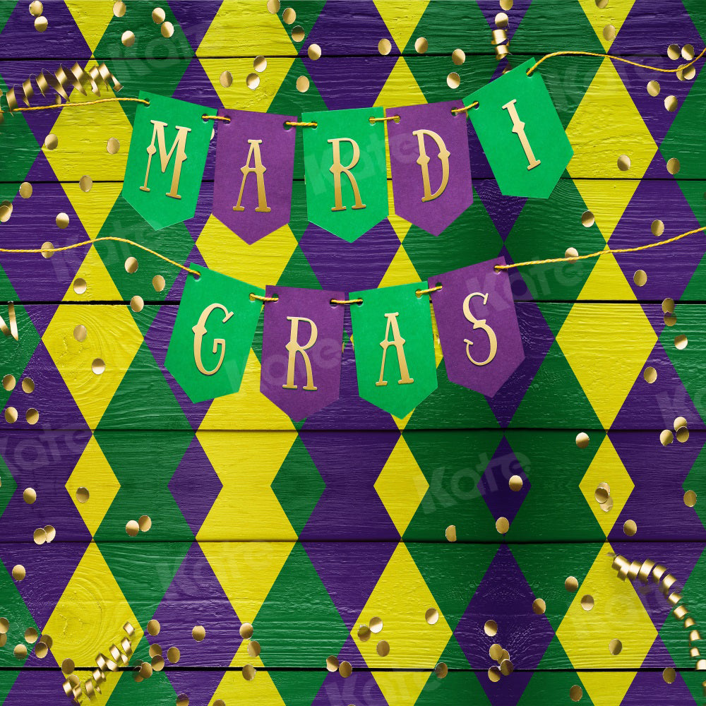Kate Mardi Gras Backdrop Golden Ribbon Yello Green Purple for Photography