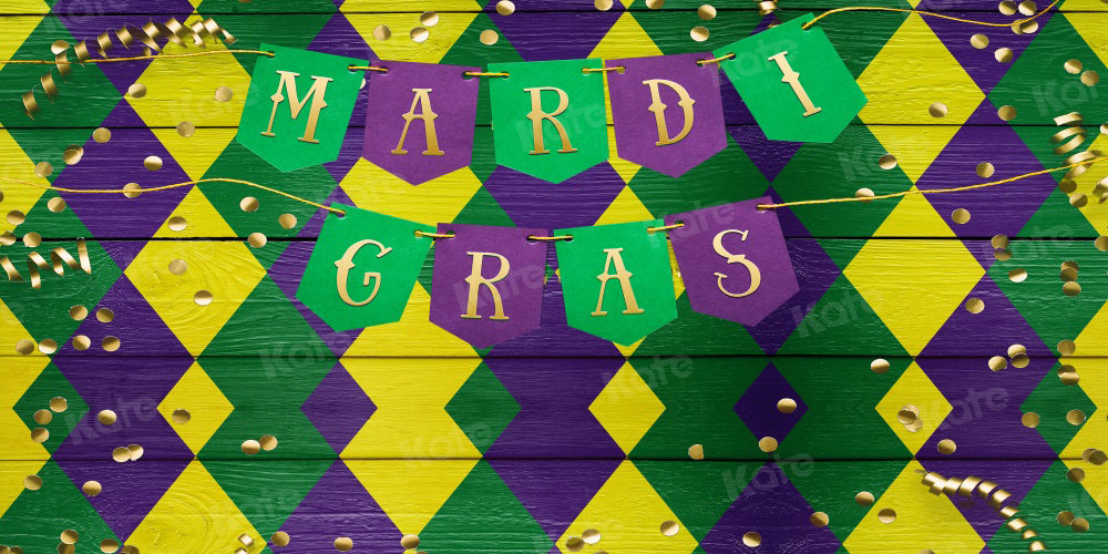 Kate Mardi Gras Backdrop Golden Ribbon Yello Green Purple for Photography