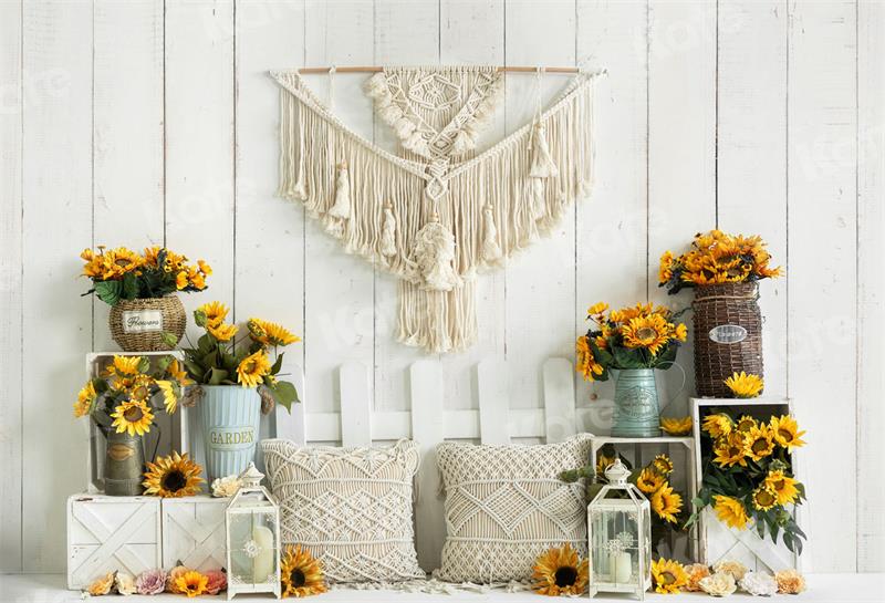 Kate Boho Sunflower Backdrop White Wooden Wall for Photography