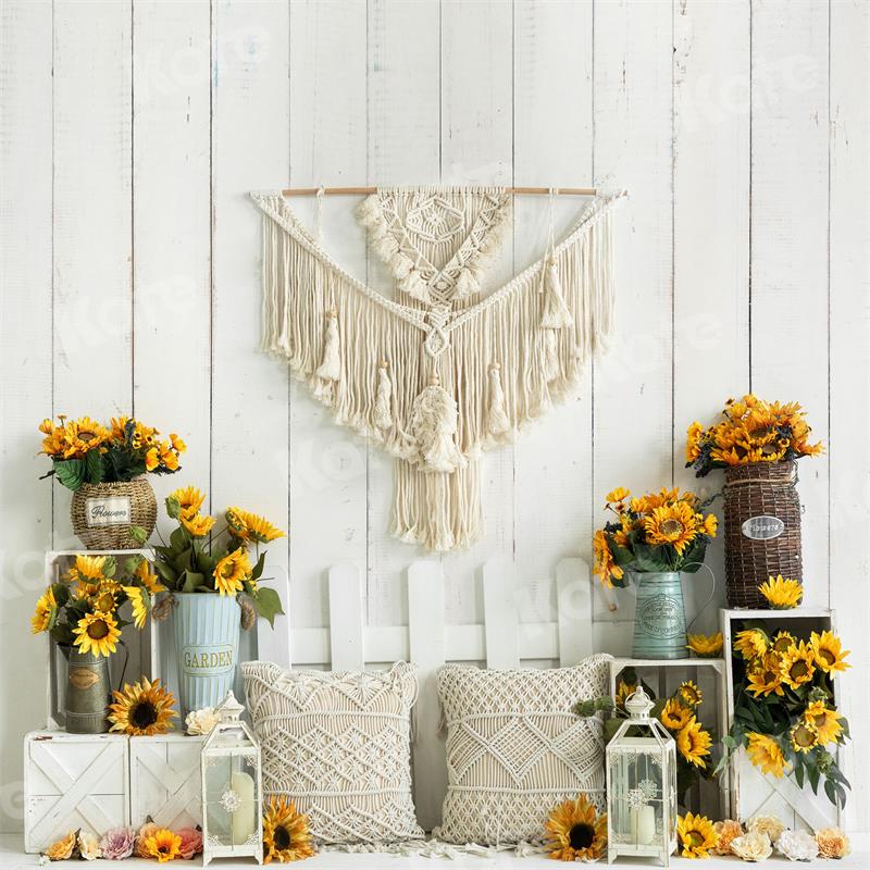 Kate Boho Sunflower Backdrop White Wooden Wall for Photography