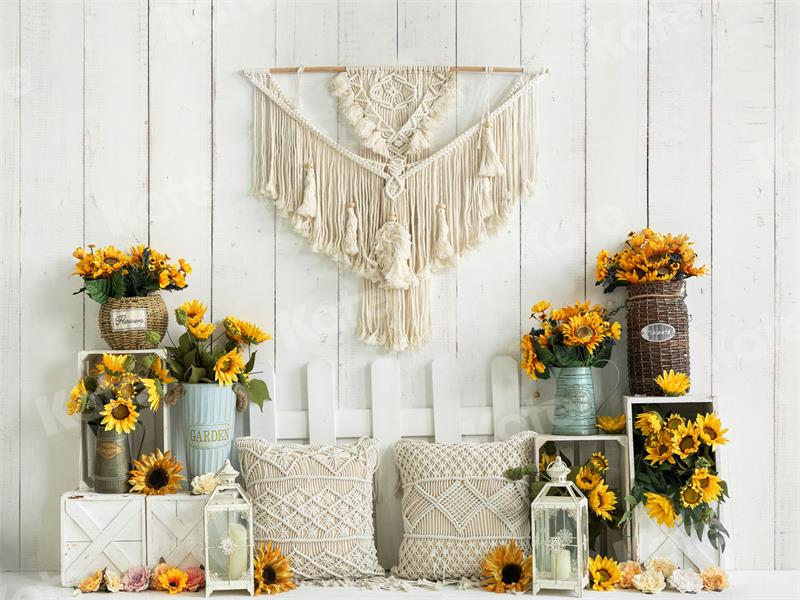 Kate Boho Sunflower Backdrop White Wooden Wall for Photography - Kate Backdrop AU
