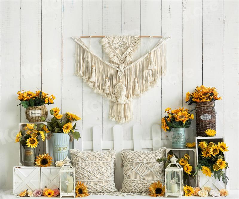 Kate Boho Sunflower Backdrop White Wooden Wall for Photography - Kate Backdrop AU