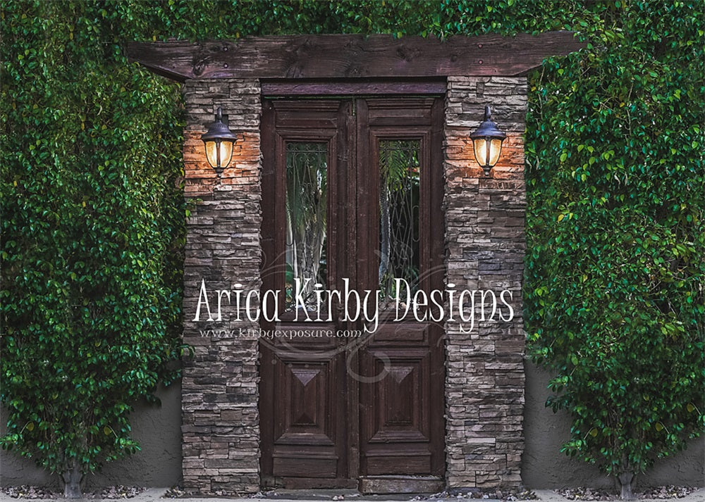 Kate Spring Wood Door Brick Backdrop Green Plants Autumn Designed by Arica Kirby