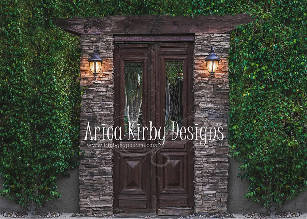 Kate Spring Wood Door Brick Backdrop Green Plants Autumn Designed by Arica Kirby - Kate Backdrop AU