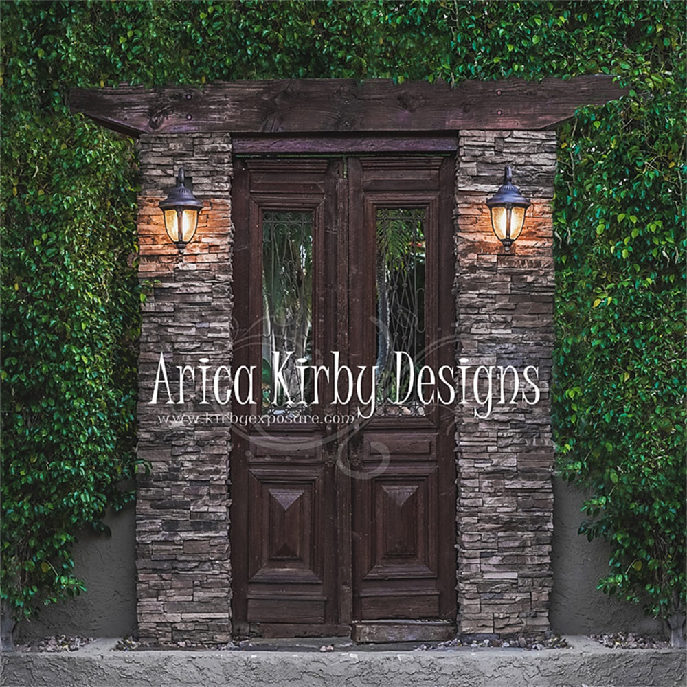 Kate Spring Wood Door Brick Backdrop Green Plants Autumn Designed by Arica Kirby - Kate Backdrop AU