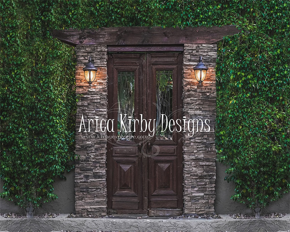 Kate Spring Wood Door Brick Backdrop Green Plants Autumn Designed by Arica Kirby - Kate Backdrop AU