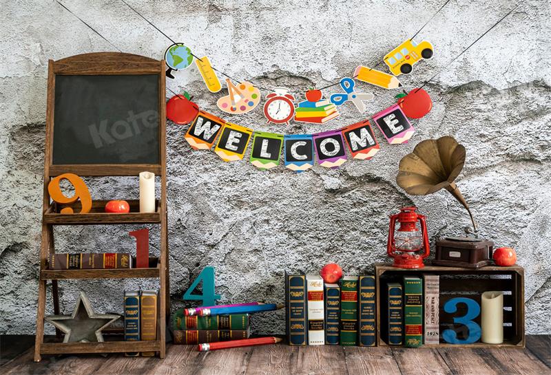 Kate Retro School Book Backdrop Cement Brick Wall for Photography