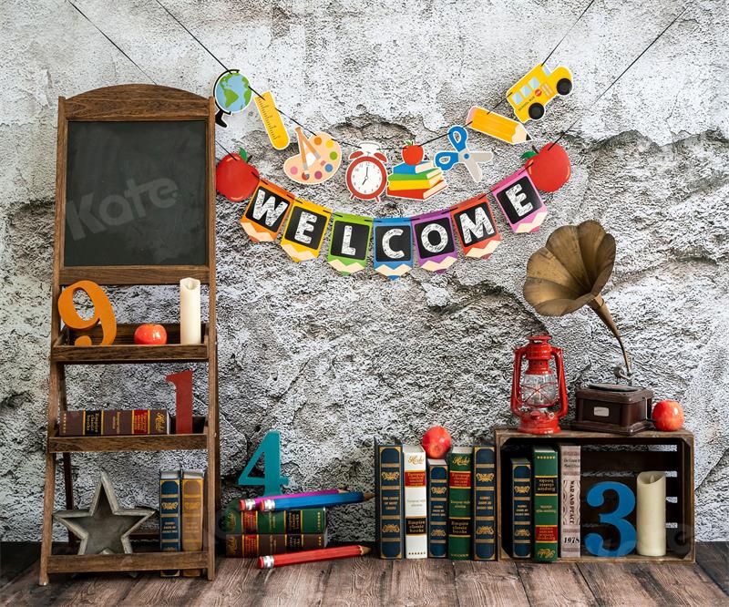 Kate Retro School Book Backdrop Cement Brick Wall for Photography