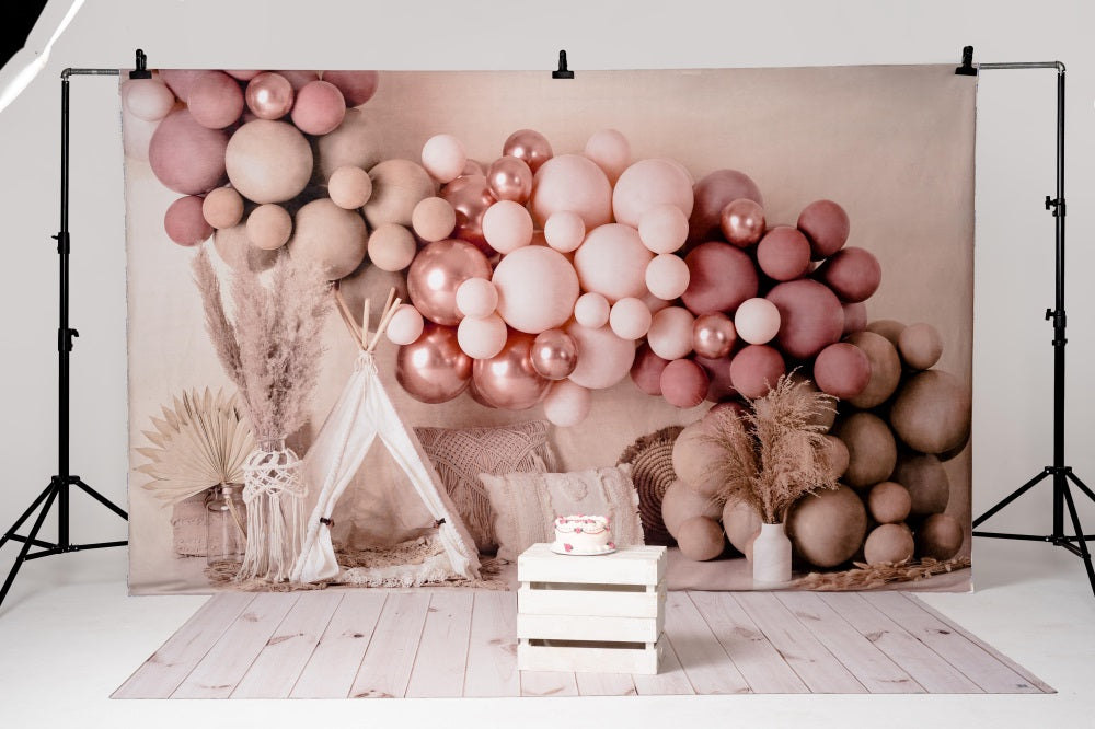 Kate 7x5ft Boho Balloons Tent Spring Backdrop+Kate 5x4ft White Retro Wooden Wall Rubber Floor Mat