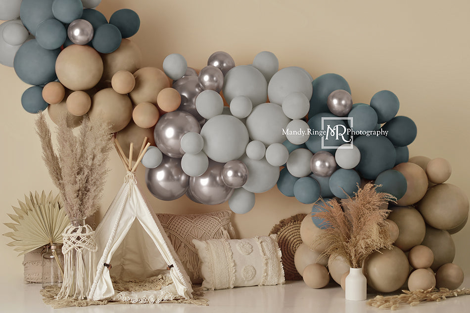 Kate Boho Balloons Tent Backdrop Matte Blue Designed by Mandy Ringe Photography - Kate Backdrop AU