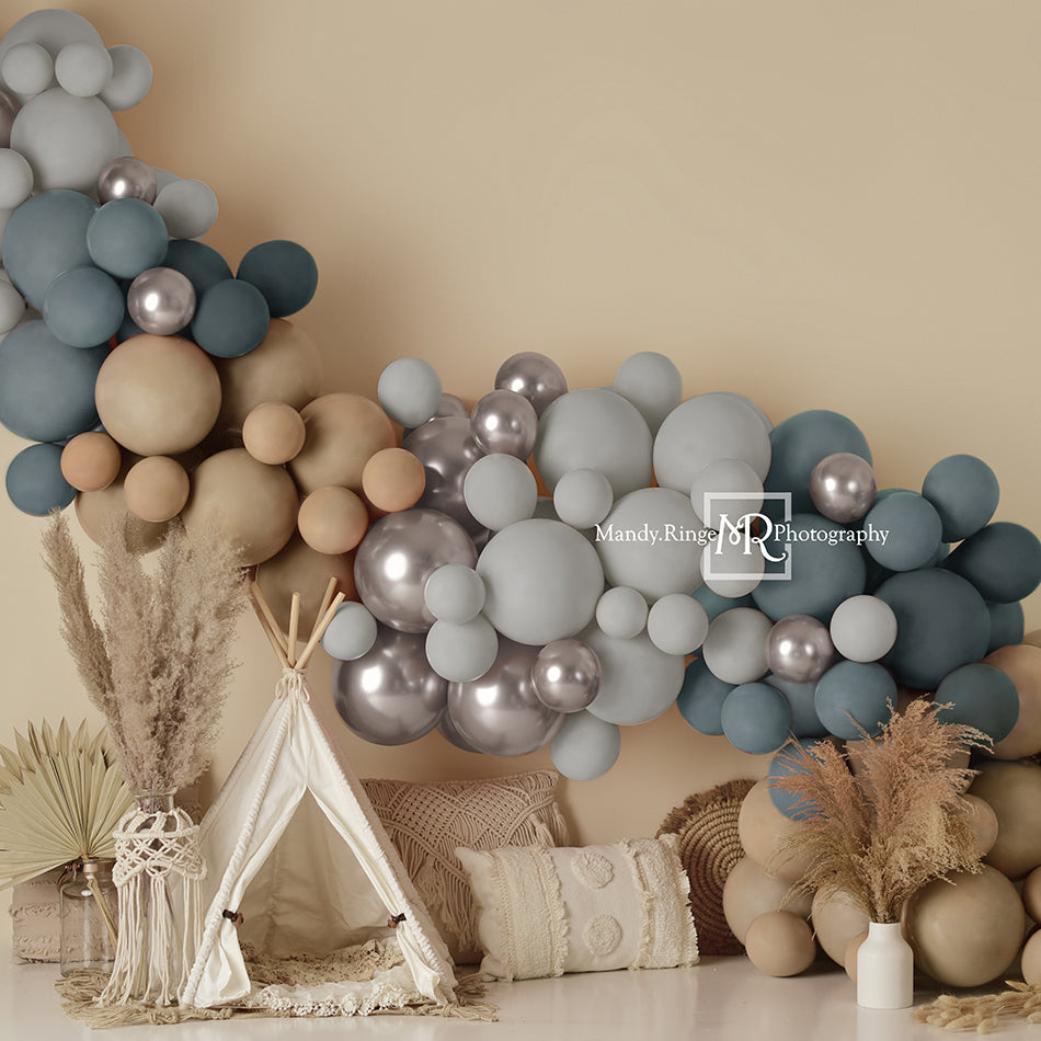 Kate Boho Balloons Tent Backdrop Matte Blue Designed by Mandy Ringe Photography