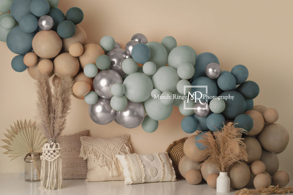 Kate Matte Boho Balloons Backdrop Blue Macrame Pillows Designed by Mandy Ringe Photography