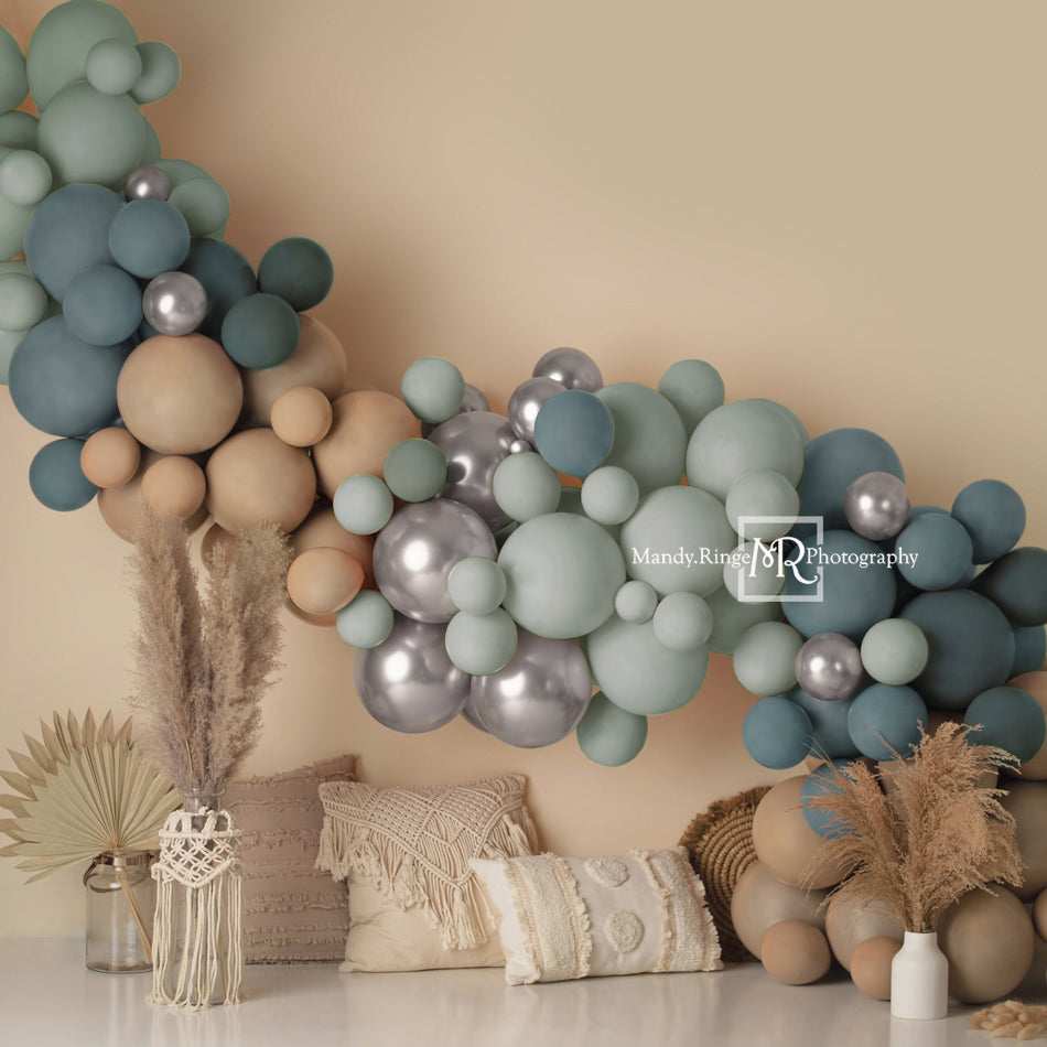 Kate Matte Boho Balloons Backdrop Blue Macrame Pillows Designed by Mandy Ringe Photography