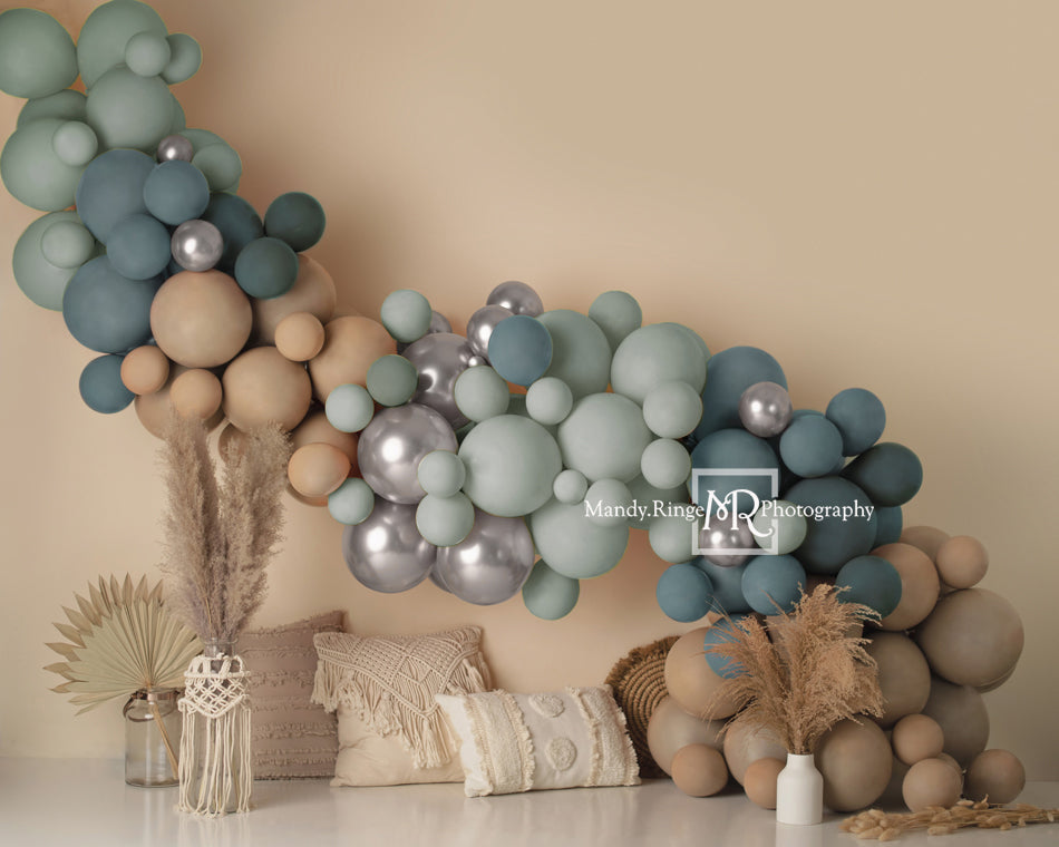 Kate Matte Boho Balloons Backdrop Blue Macrame Pillows Designed by Mandy Ringe Photography - Kate Backdrop AU