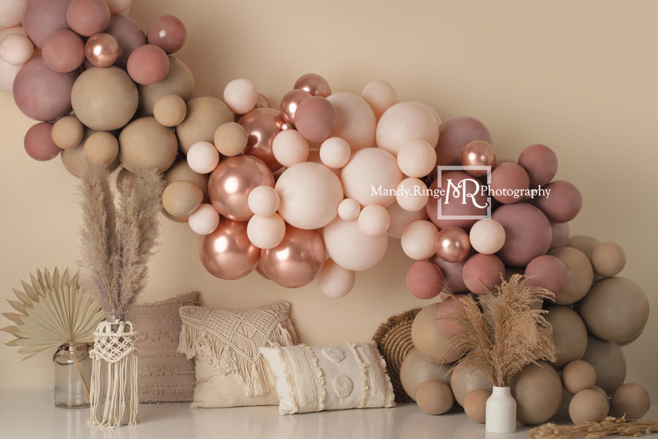 Kate Boho Balloons Backdrop Macrame Pillows Matte Pink Designed by Mandy Ringe Photography