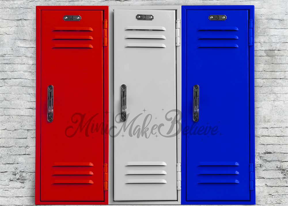 Kate Colorful School Backdrop Gym Lockers Designed by Mini MakeBelieve