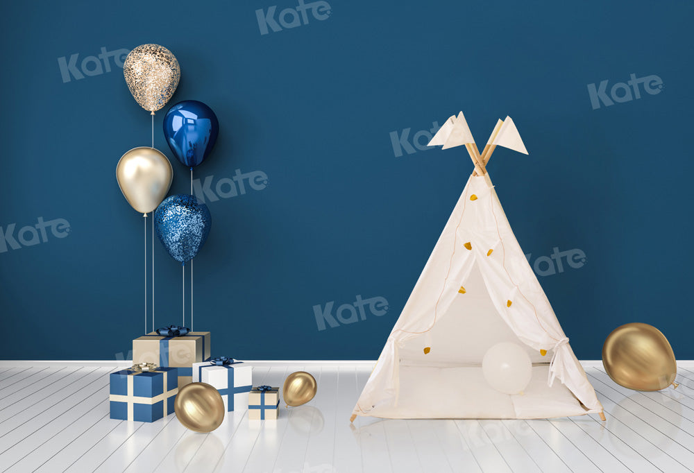 Kate Cake Smash Backdrop Blue Boho Tent Balloons Designed by Chain Photography